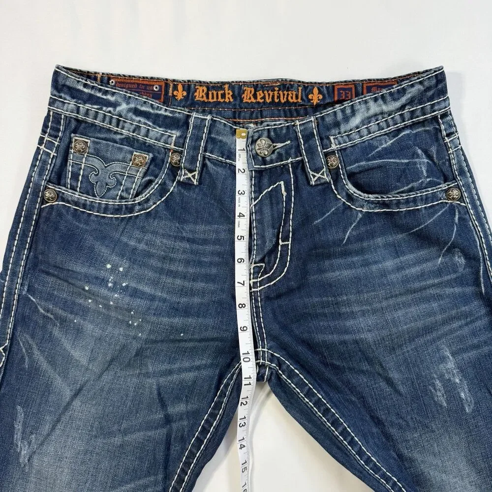 Rock Revival Mason Jeans Sz 33 Blue Distressed Bootcut Denim Y2K Grunge Festival - Picture 8 of 13